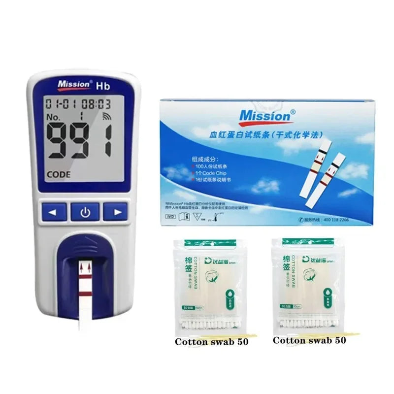 Mission Hb hemoglobin analyzer kit with digital tester, 100 test strips, and cotton swabs for home anemia monitoring.