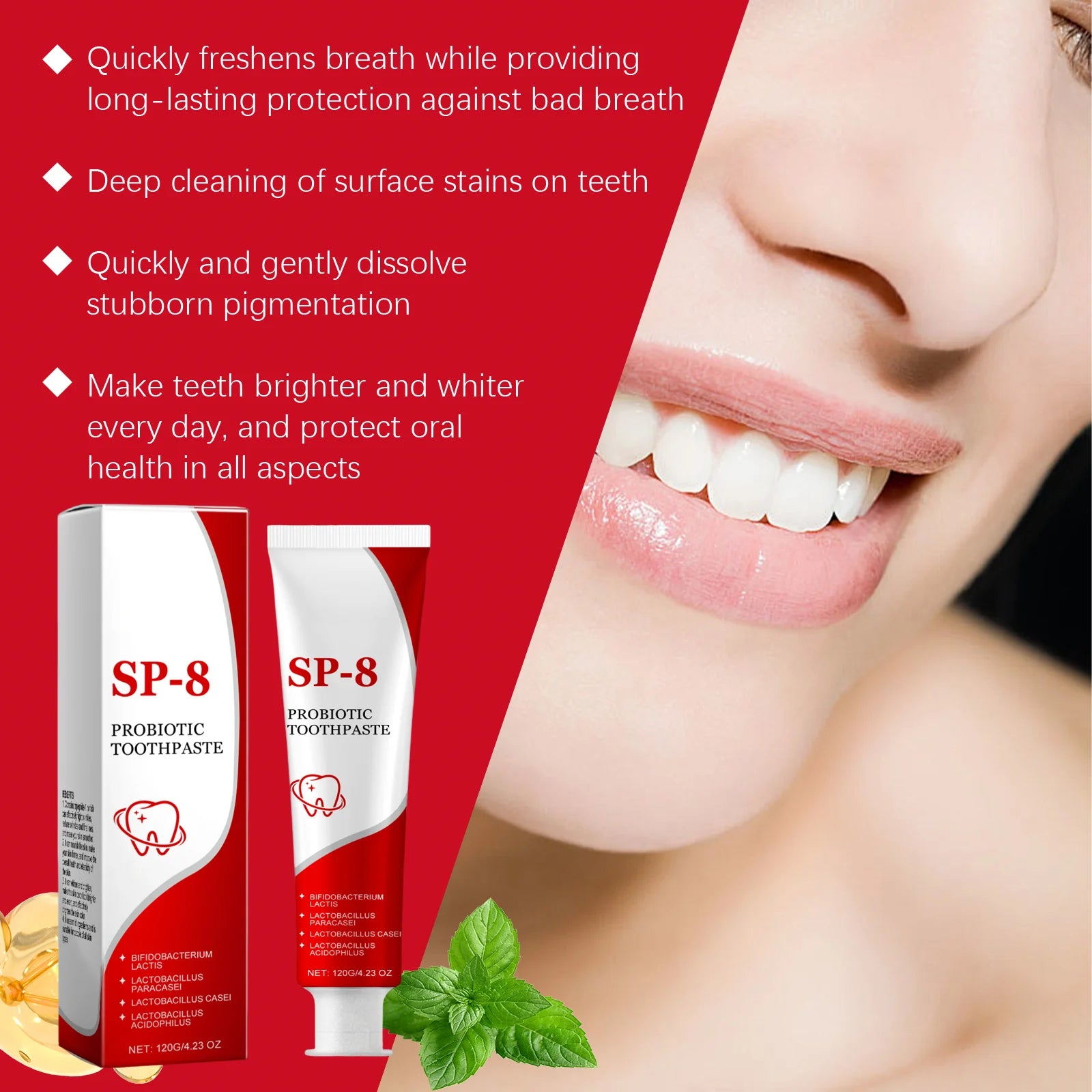 Tidesmit Sp-8 Probiotic Toothpaste for deep cleaning, whitening, and minty fresh breath oral hygiene.