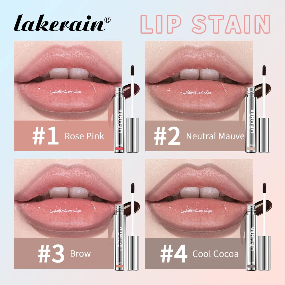 4-color Lakerain waterproof peel-off lip liner tattoo set in Rose Pink, Neutral Mauve, Brow, and Cool Cocoa shades.