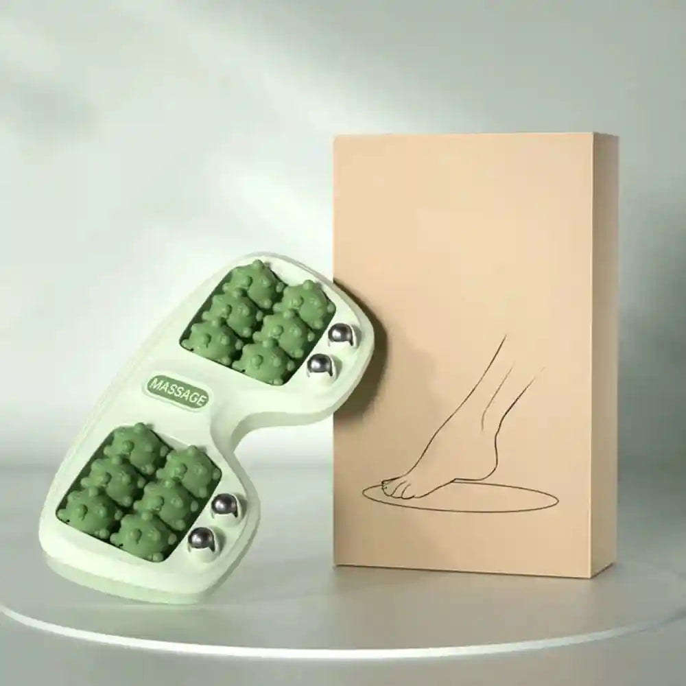 Green multi-point foot roller massager with magnetic beads for home therapy and arch relief, shown with product box.