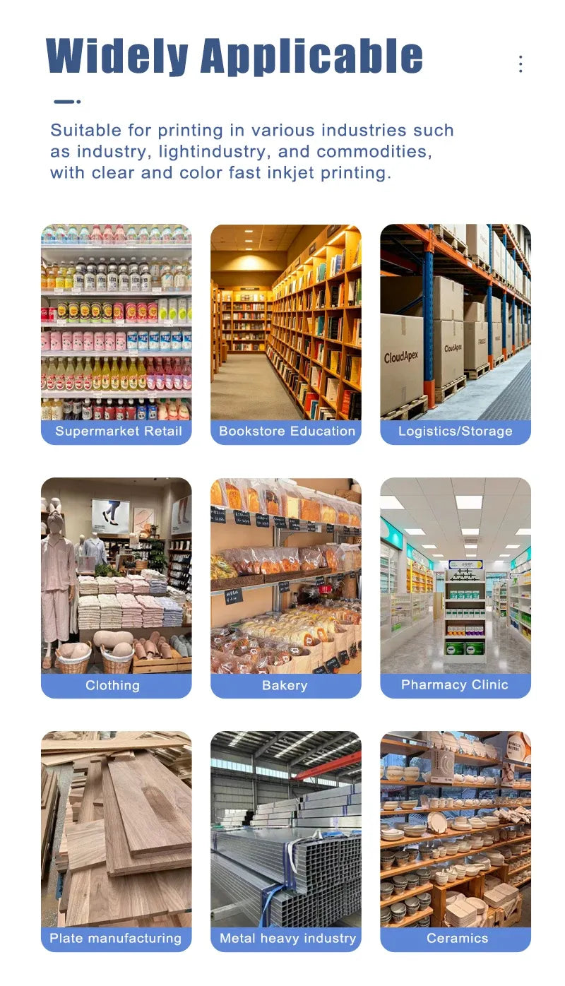 Handheld inkjet printer shown in multiple retail and logistics printing scenarios