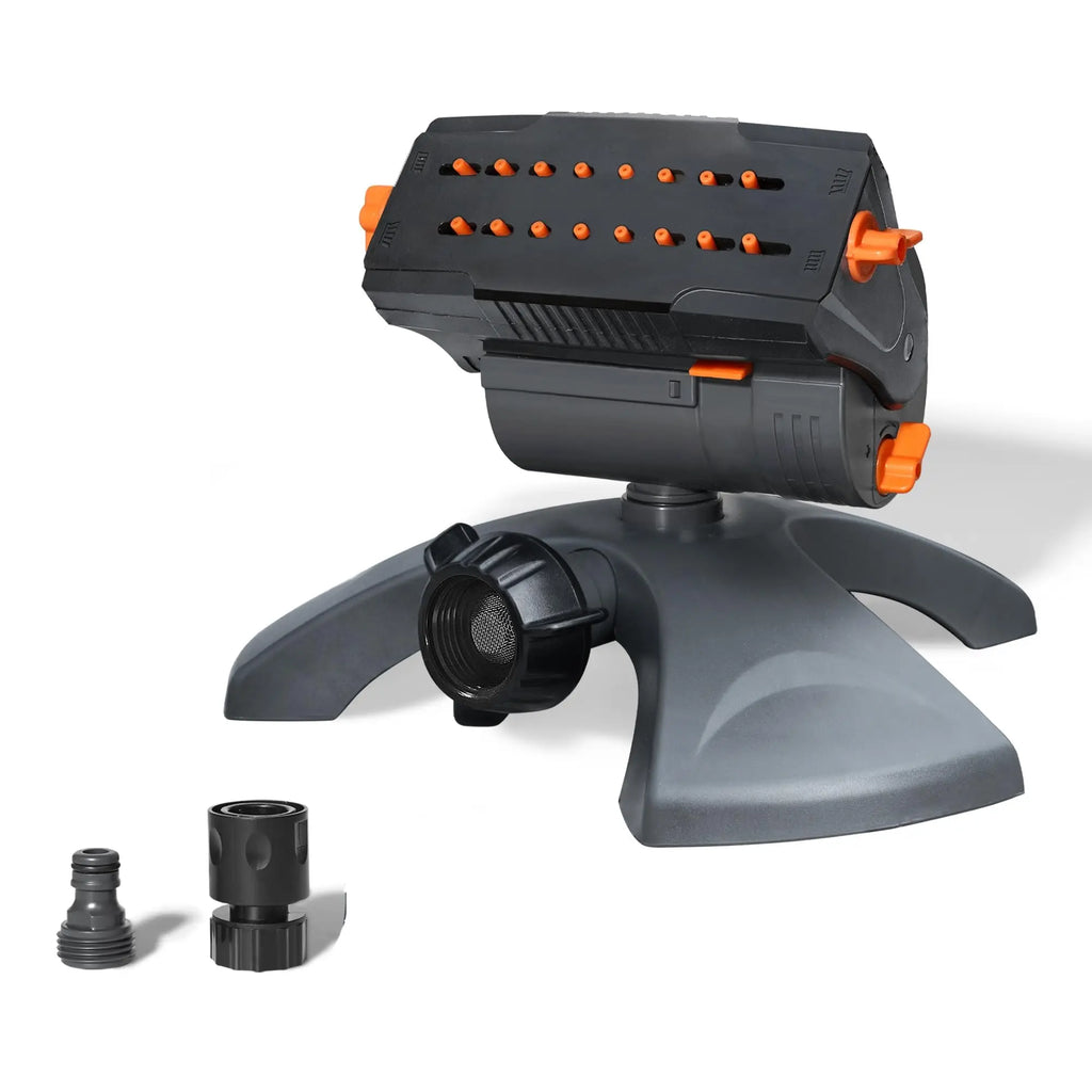 Oscillating water sprinkler with black spray head, orange side handles, and tripod base