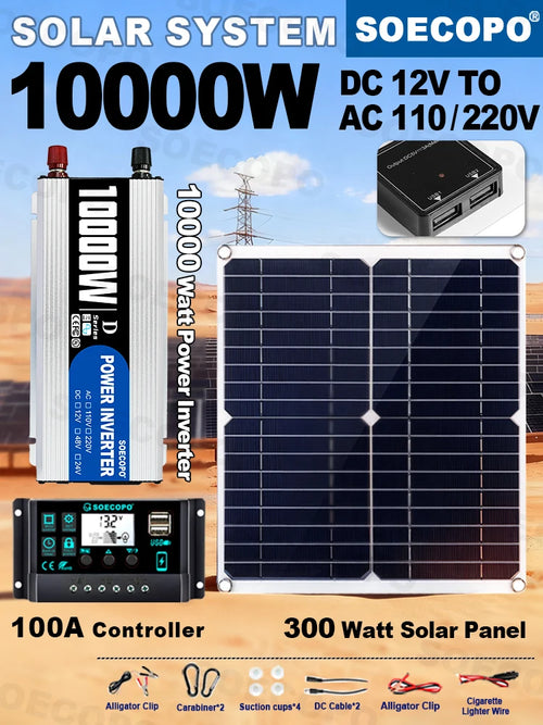 10000W solar kit with silver inverter, 300W square solar panel, 100A digital controller, cables, and clips.