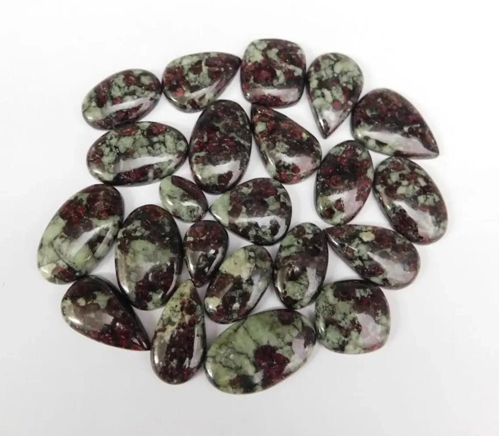 Loose gemstone cabochon lot, polished freeform stones in oval and teardrop shapes, green and dark red
