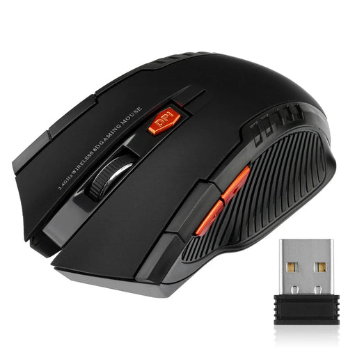 Black wireless gaming mouse with orange DPI and side buttons, scroll wheel, and a USB receiver.