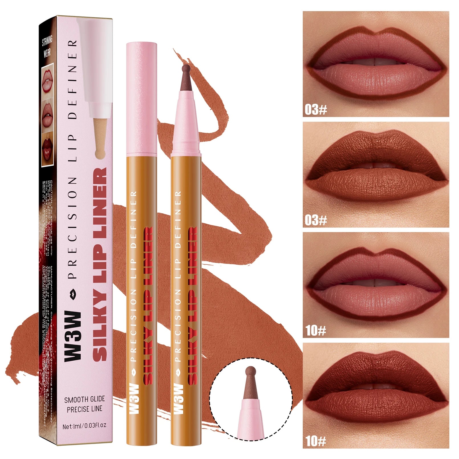 Waterproof liquid matte lip liner pencil with silky smooth applicator, showing brown and nude matte lip makeup swatches.