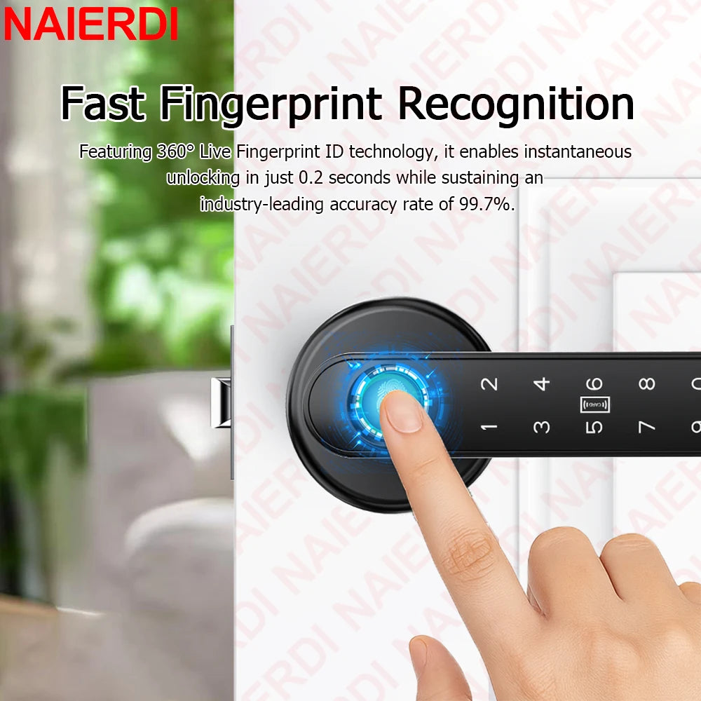 NAIERDI 5-in-1 Smart Fingerprint Door Lock Tuya APP Bluetooth Keypad IC Card Keyless Digital Door Knob for Hotel Office Bedroom