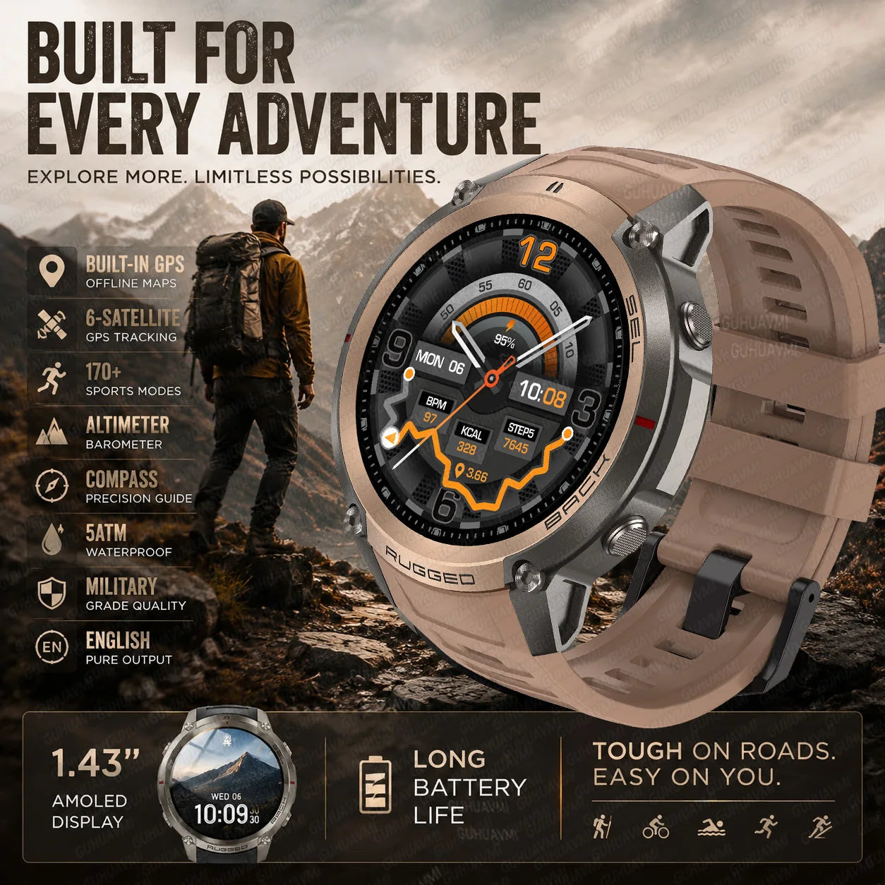 Rugged sports smart watch with tan silicone strap and black AMOLED display