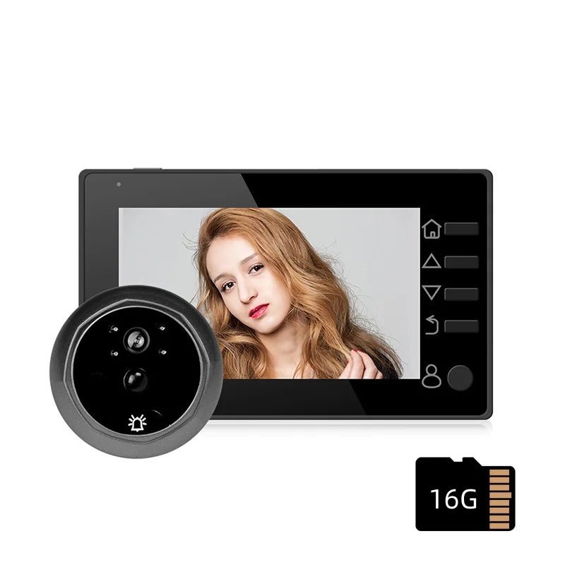 Black visual peephole video doorbell set with screen, circular camera, and 16G card