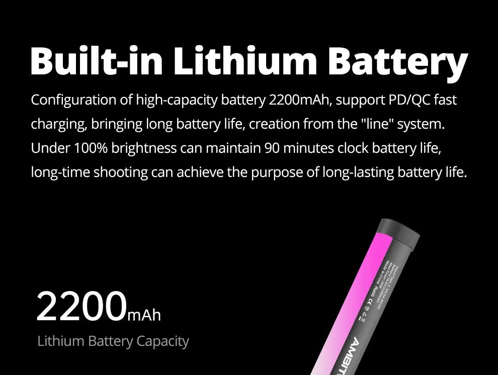 A cylindrical 2200mAh lithium battery stick for photography lighting, featuring black casing and a pink light strip.