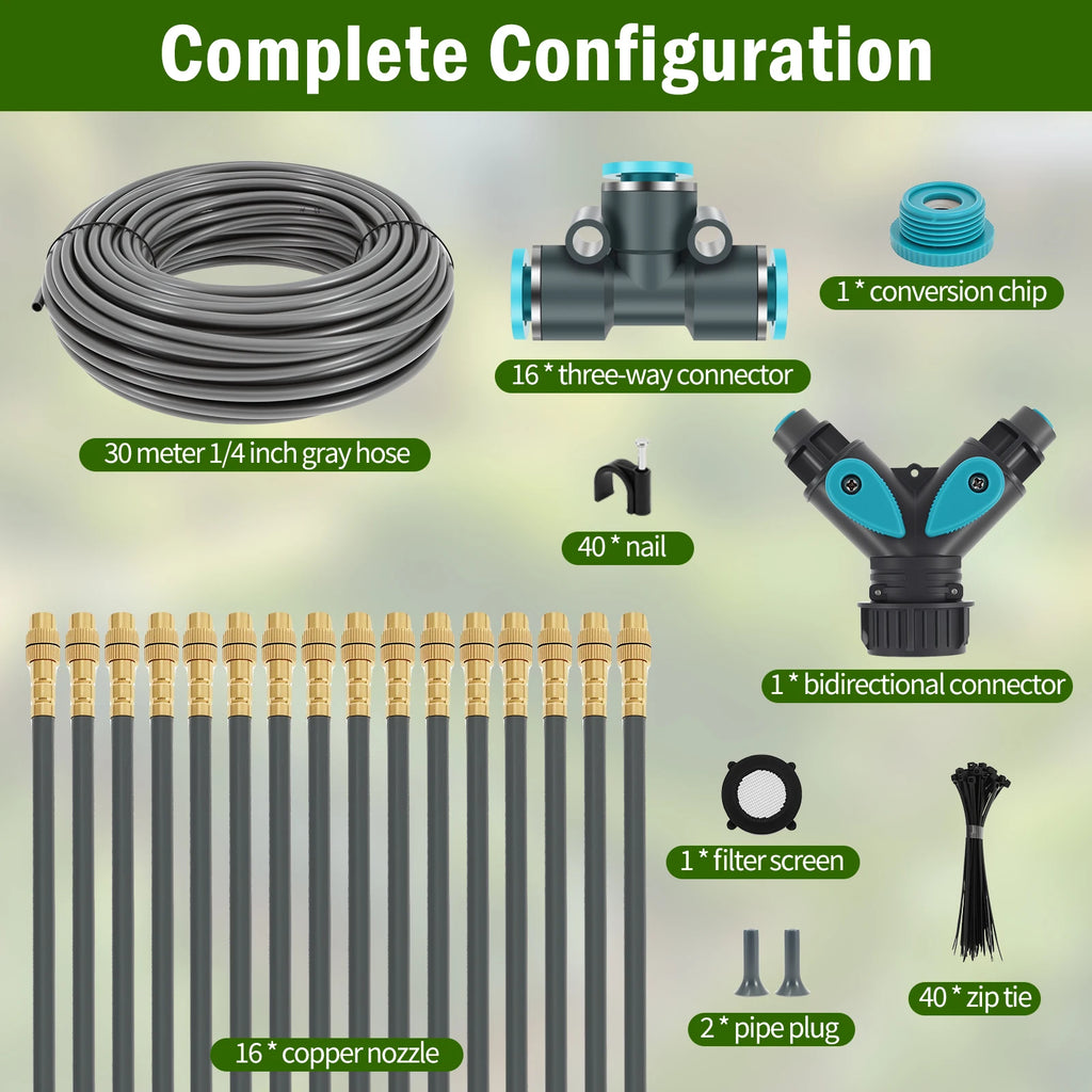 30M 1/4inch Drip Irrigation System Garden Automatic Watering Kit with 360° Adjustable Copper Nozzles for Greenhouse Lawn