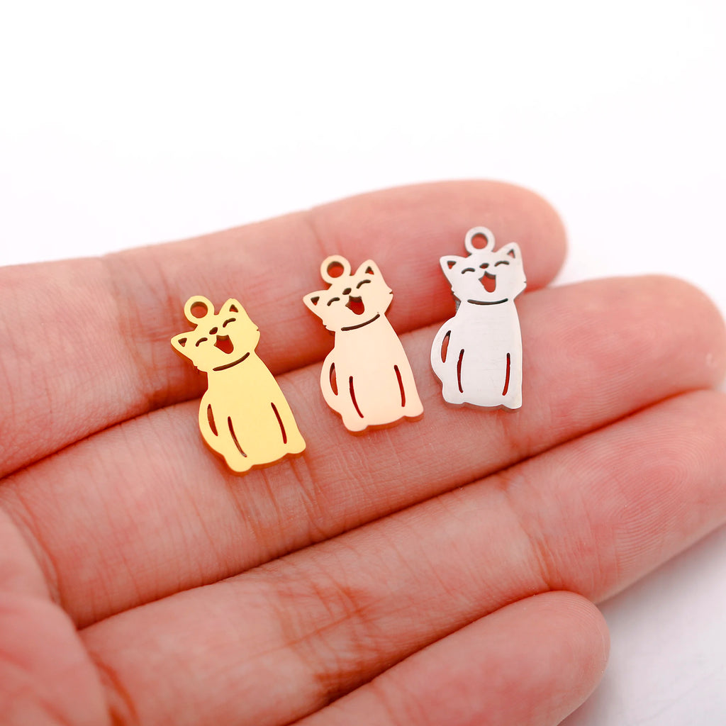 Gold, rose gold, and silver stainless steel cat charms for DIY pet jewelry, necklaces, and bracelets.
