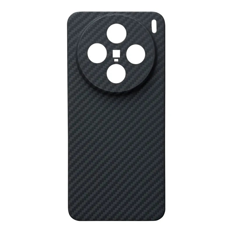 Black carbon fiber phone case with a circular camera cutout, designed for protective rear device coverage.