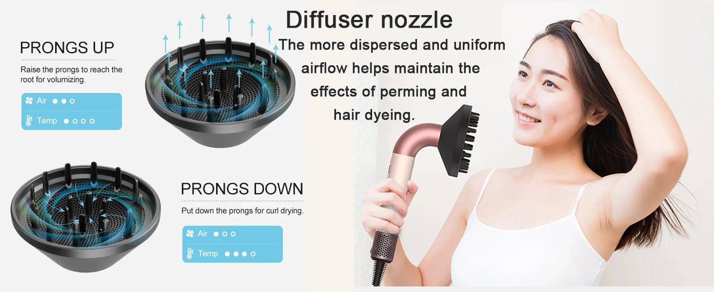 1400W hair dryer in rose gold with adjustable diffuser nozzle for fast, low-noise styling and voluminous curls.
