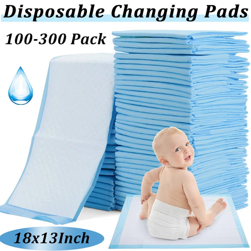 Disposable baby changing pads, 18x13 inch, 100-300 pack absorbent waterproof sheets for infants and nursery care.