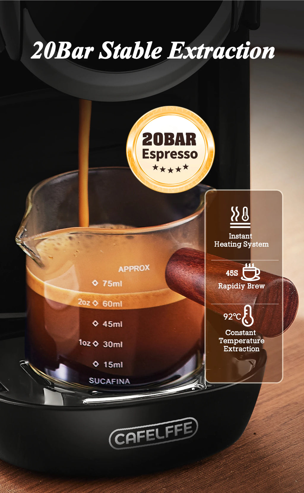 Cafelffe 20-bar espresso machine with glass measuring cup and wooden handle, showing rapid brewing extraction.