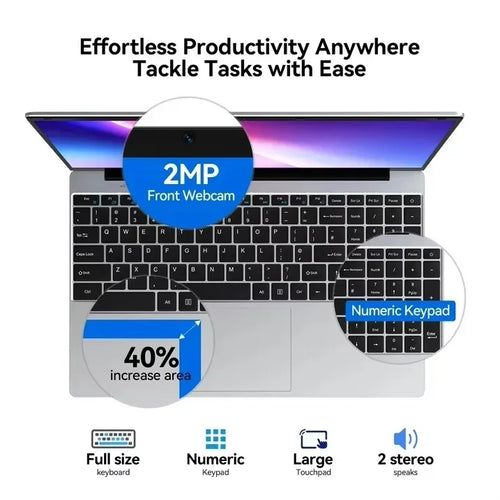 Silver laptop with full-size backlit keyboard, integrated numeric keypad, large trackpad, and 2MP front webcam.