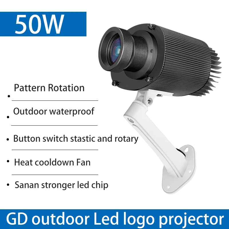 50W outdoor LED logo projector with rotating gobo lens and cooling fan, black and gray