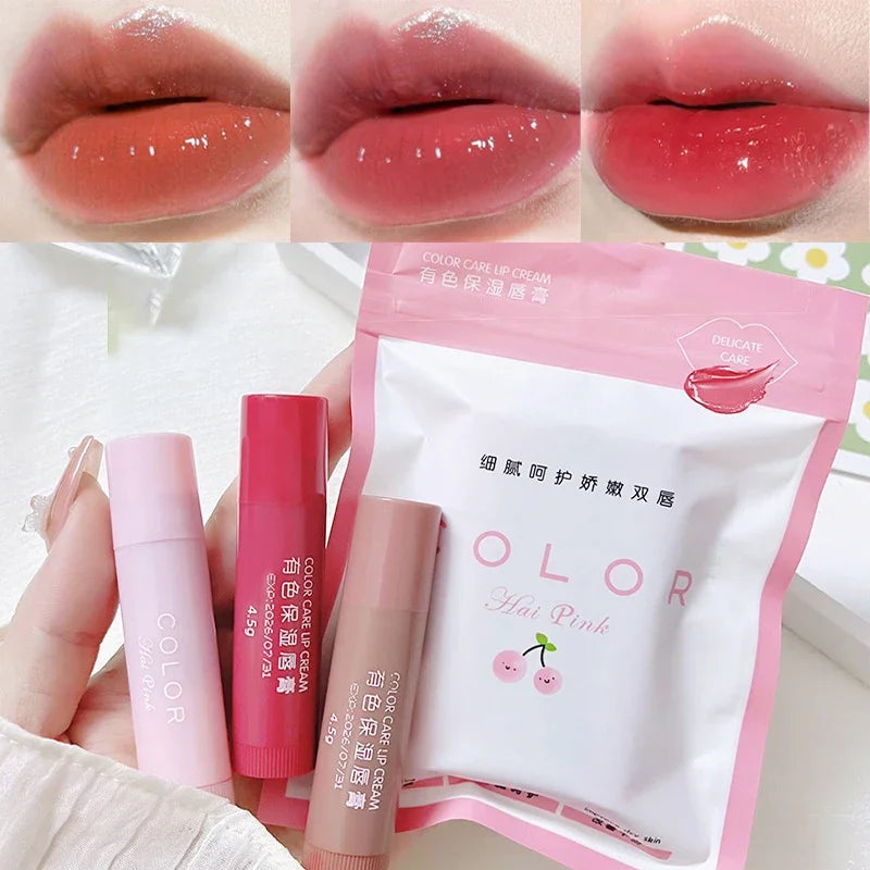 Moisturizing tinted lip balm set for shiny, hydrated lips. Reduces lip lines with a glossy, colorful finish.