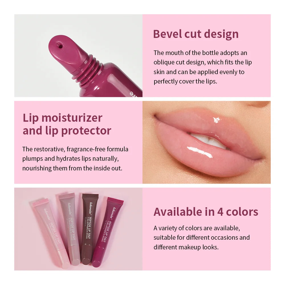 Hydrating plumping lip gloss with glass finish in 4 nude shades, featuring a bevel tip applicator for high-shine wear.