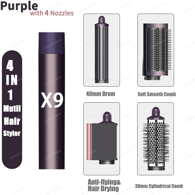 Purple Sencimen X19 4-in-1 hair styler with curling barrel, smoothing brush, and drying nozzle for professional styling.