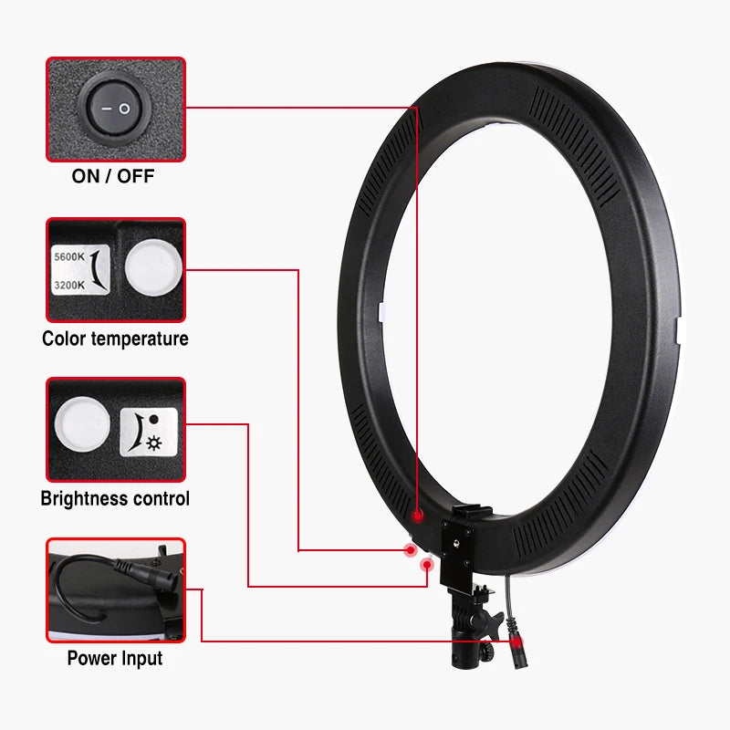 Black circular LED ring light for photography with controls for power, brightness, and color temperature.