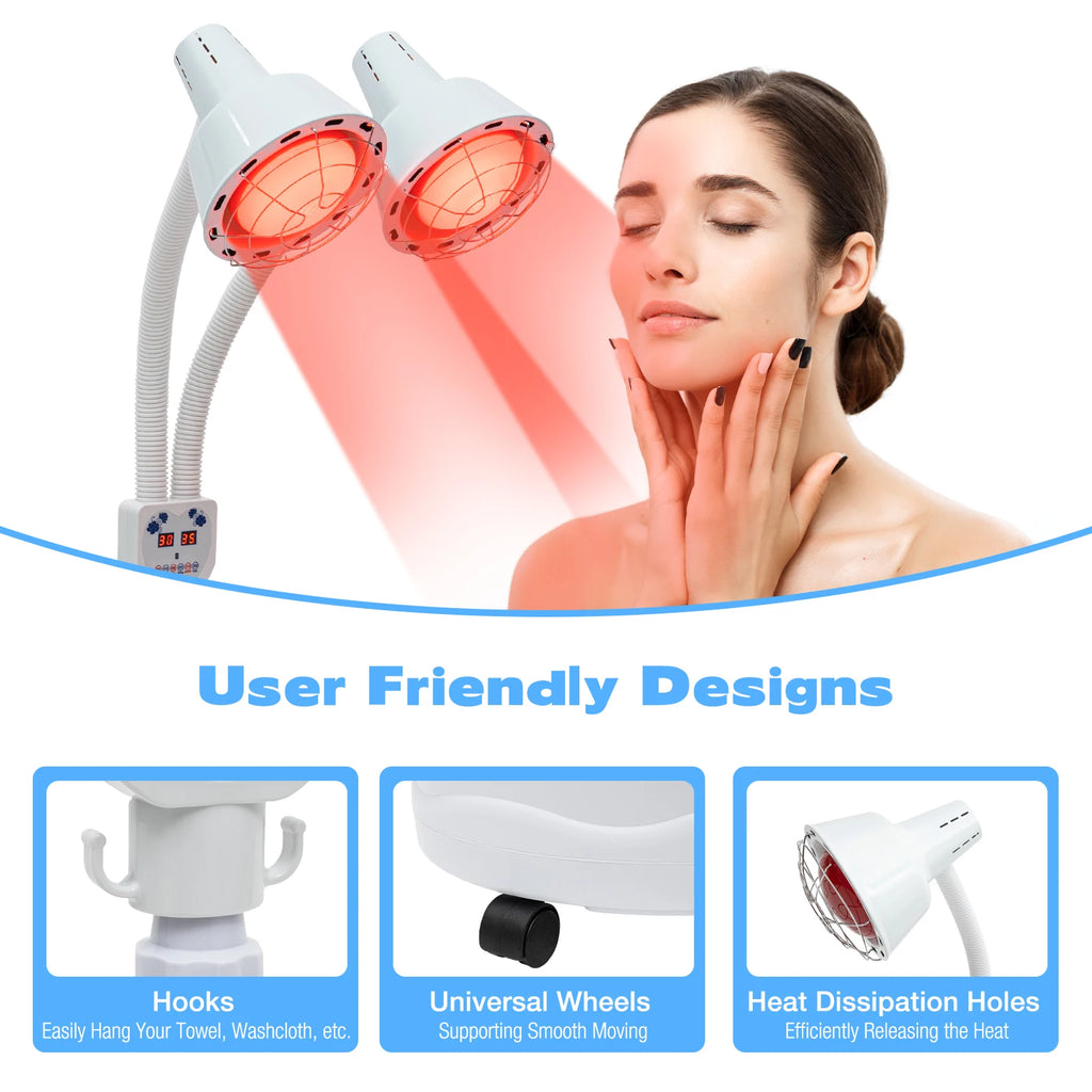 275W double-head infrared heat lamp with adjustable temperature, wheels, and hooks for home pain relief and therapy.