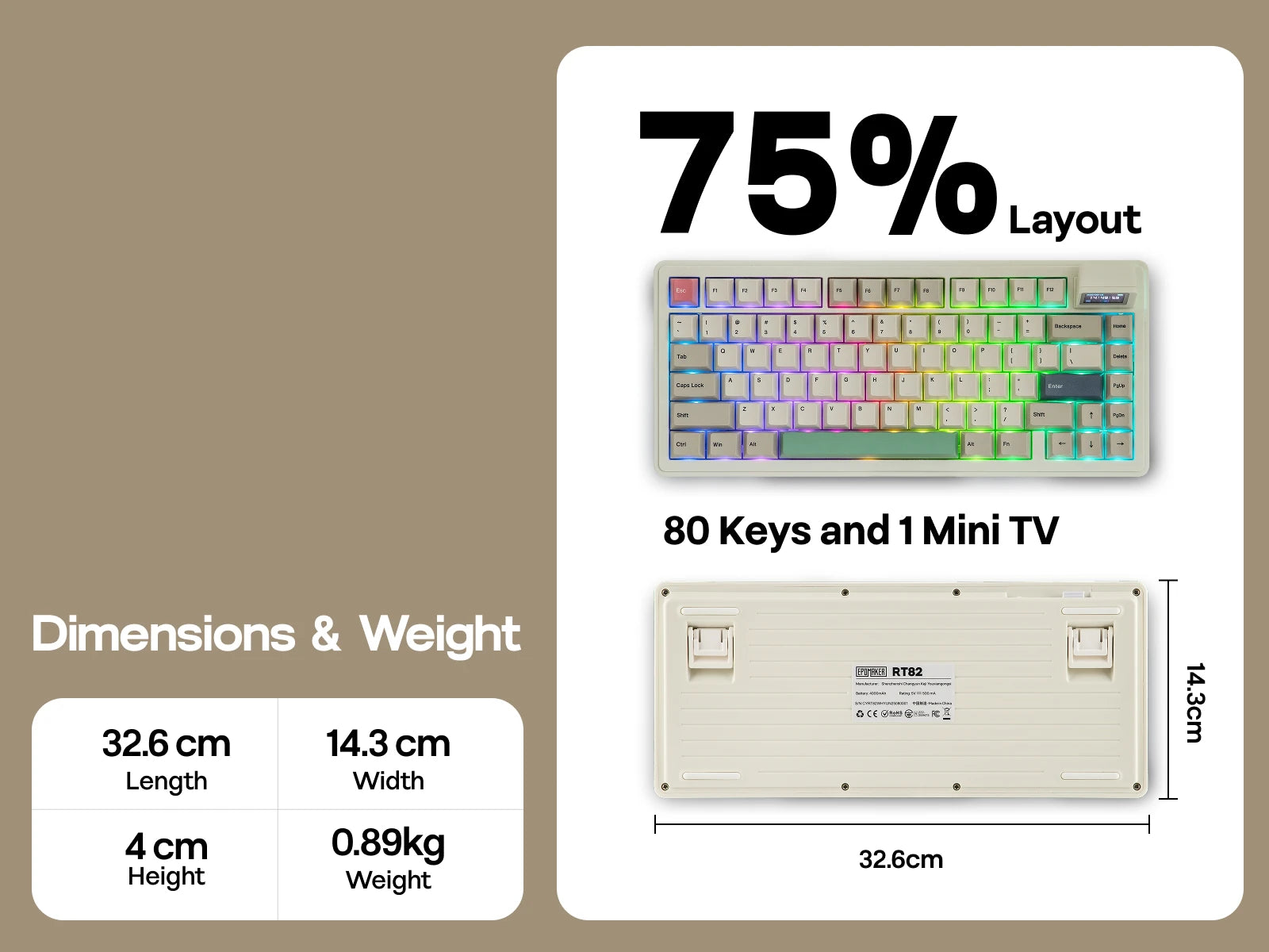 EPOMAKER RT82 QMK/VIA 75% US QWERTY Layout Hot-Swap Gasket Wired/BT 5.0/2.4GHz Wireless Mechanical Keyboard with LCD Screen