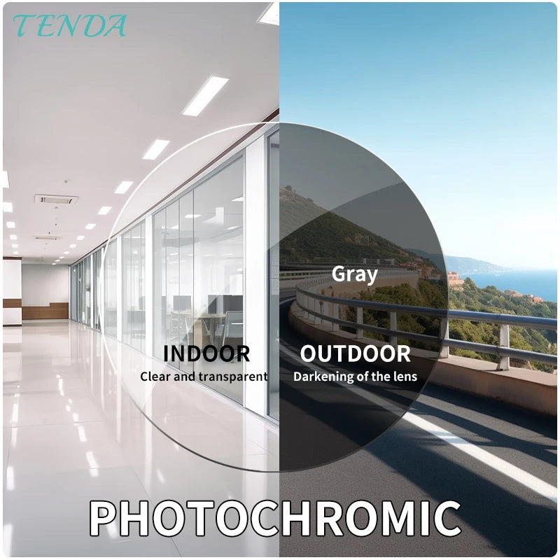 Photochromic lenses shown half clear for indoor use and half gray-tinted for outdoor UV protection.
