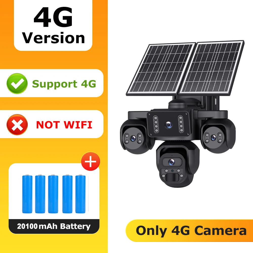 4G solar security camera with solar panels and multi-lens turret housing