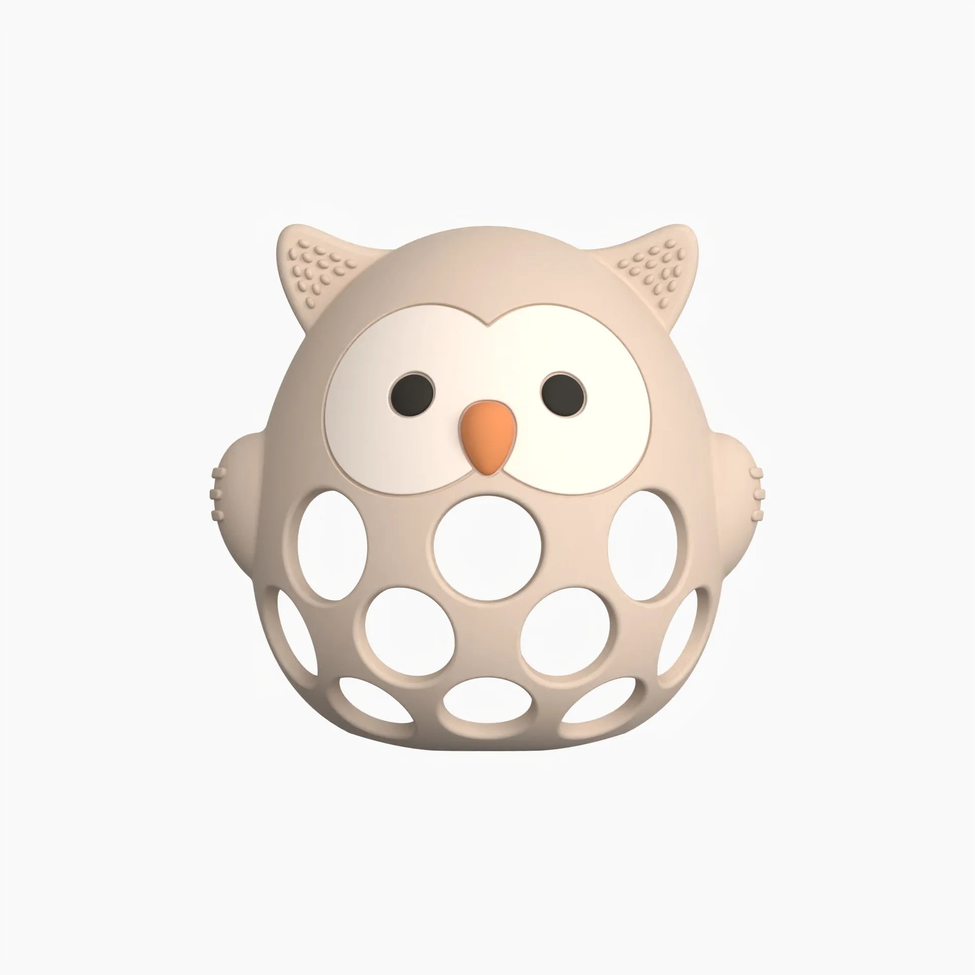 Beige silicone owl baby teething toy for soothing relief.