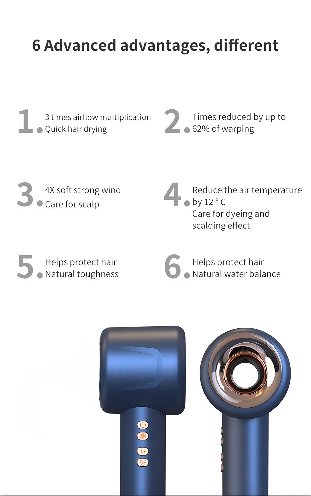 Blue 1600W silent ionic hair dryer with advanced constant temp tech for professional salon-quality styling results.