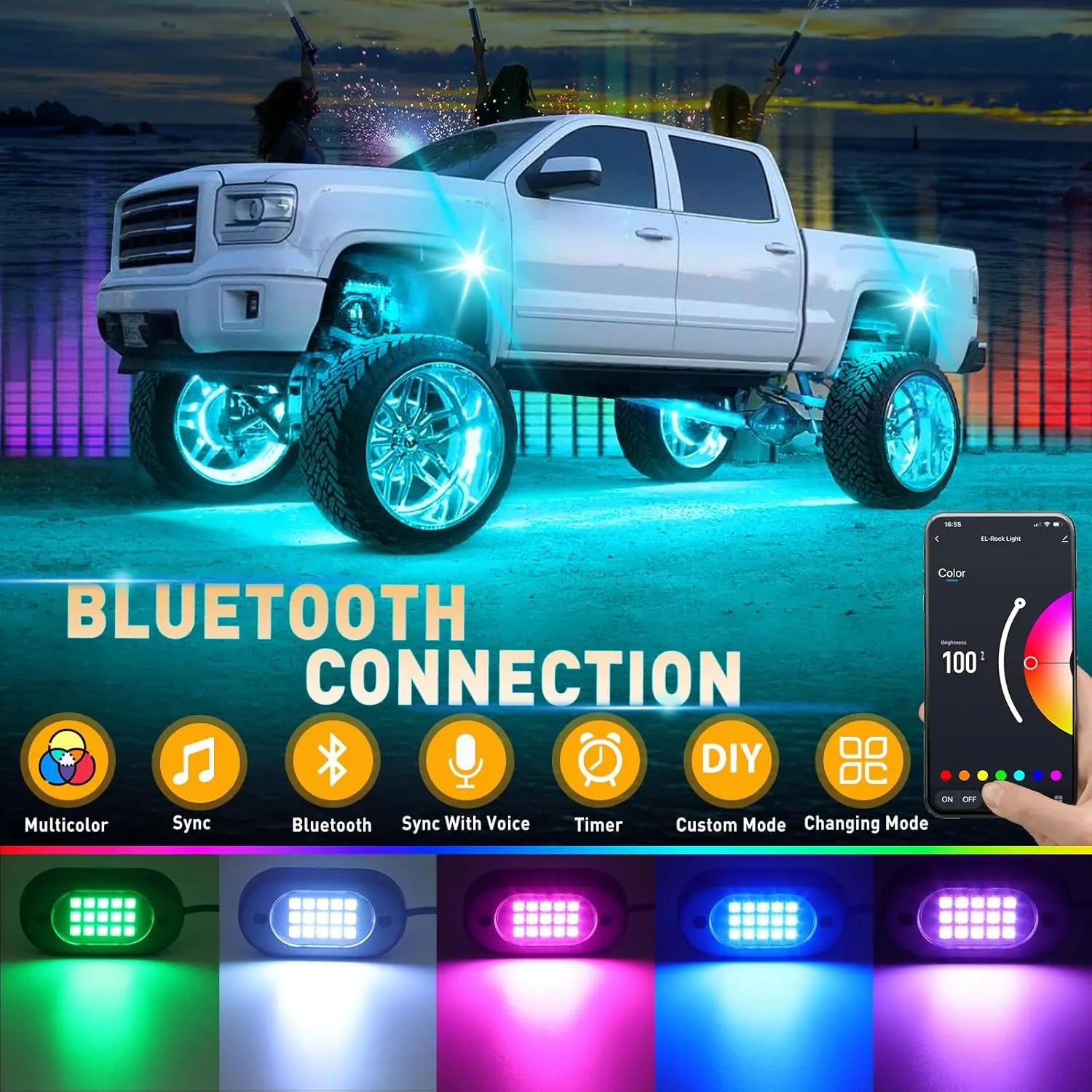 RGB LED Rock Lights for Trucks - App Controlled Neon Underglow Kit Tidesmit
