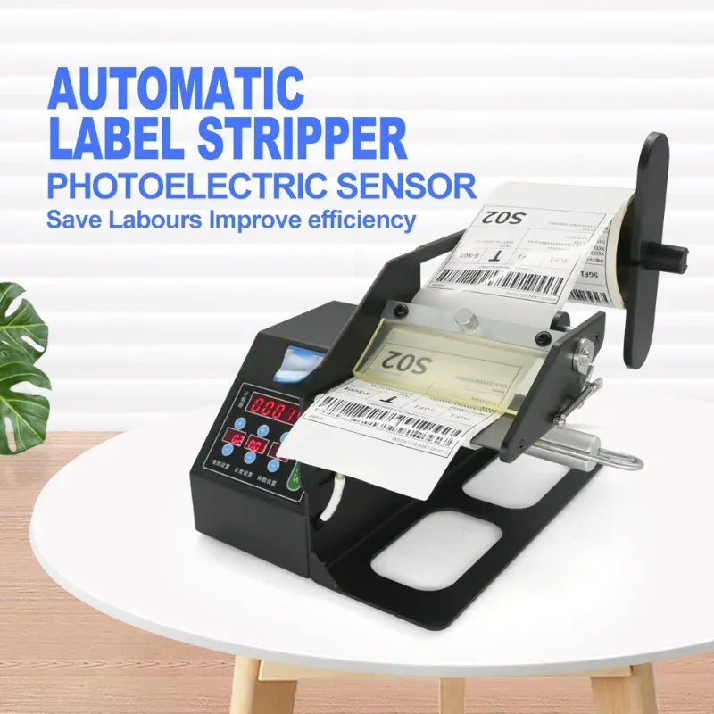 Automatic label stripper machine dispensing a barcode label onto the strip tray