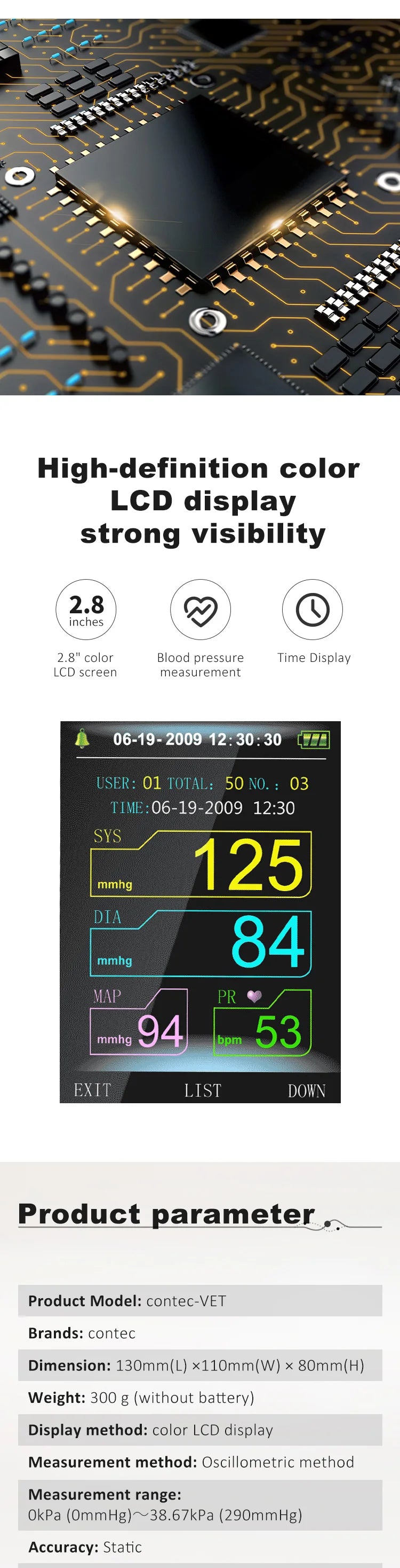 CONTEC08A Vet Use Electronic Sphygmomanometer Digital Blood Pressure Veterinary Vet Use Monitor Pets Dog Cat Horse Etc