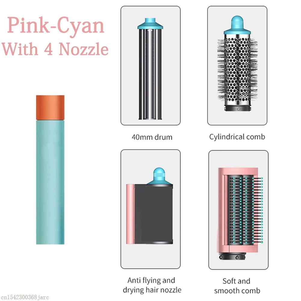 SenCiciMen X9 pink-cyan 5-in-1 hot air brush set with 4 attachments: curling barrel, round brush, and dryer nozzle.