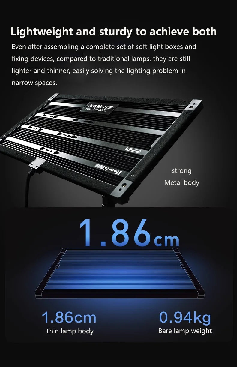 PavoSlim 120C LED panel. A thin, rectangular, black metal studio light for narrow space photography and video lighting.