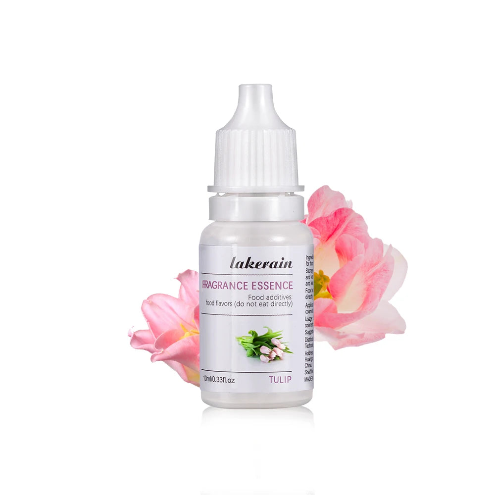 10ml Lakerain Tulip fragrance oil bottle for DIY lip gloss and soap making with delicate pink tulip flower accents.