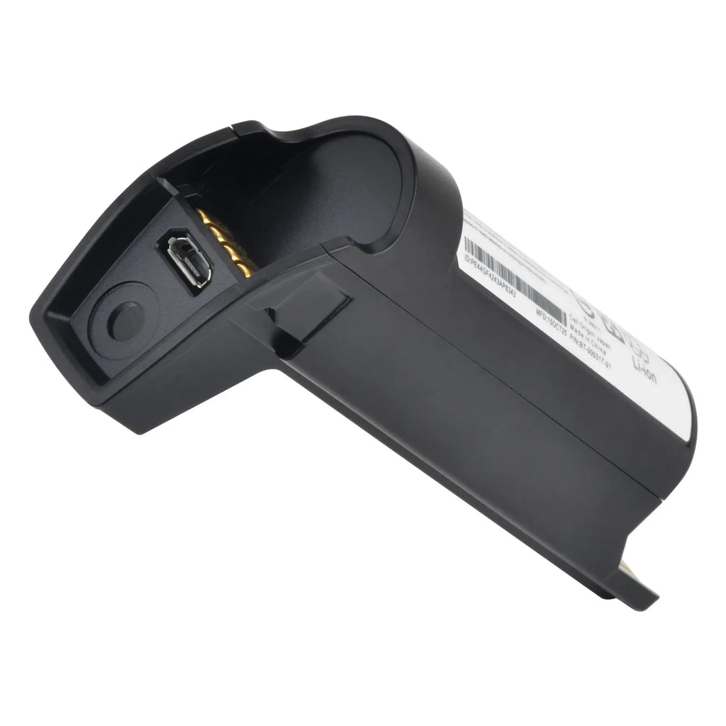 Black barcode scanner battery pack, angled view with connector and label