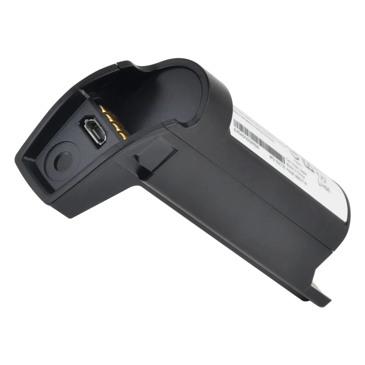 Black barcode scanner battery pack, angled view with connector and label