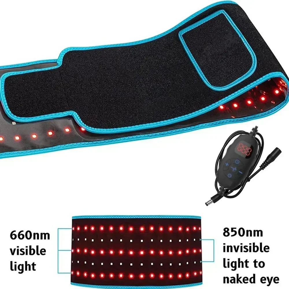 Red and infrared LED light therapy waist belt with controller for back pain relief, fat loss, and slimming wrap.