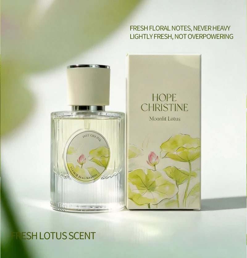 Hope Christine Moonlit Lotus perfume: long-lasting floral woody scent with lotus & jasmine in a ribbed glass bottle.