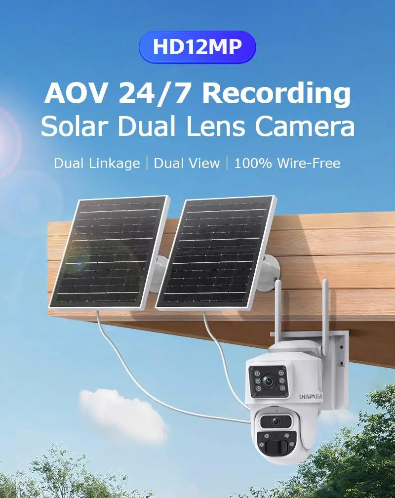 SHIWOJIA 12MP Dual Lens AI Solar Camera 4G SIM AOV Smart 24/7 Recording 360° PTZ Outdoor Security Cameras Auto Tracking UBox Pro