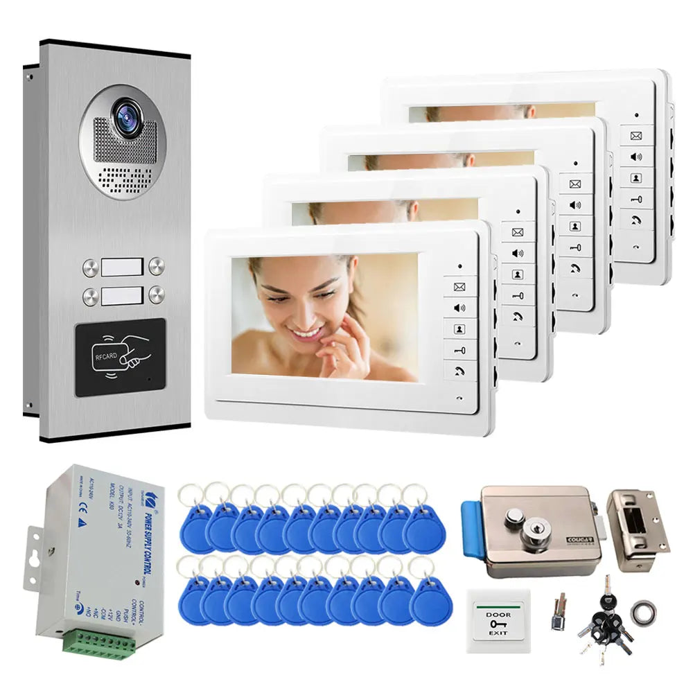Gray outdoor intercom station, stacked indoor monitors, RFID key set, and door lock