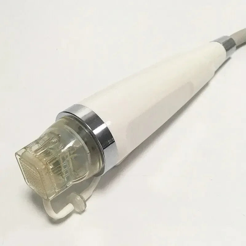 Portable fractional RF skin tightening wand with white handle and clear applicator tip for wrinkle and scar removal.