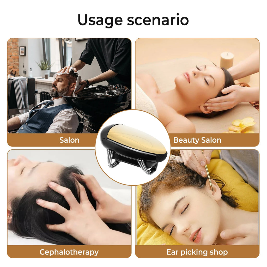 Gold and black cordless handheld massager with two nodes, shown in use at salons and for cephalotherapy and ear care.