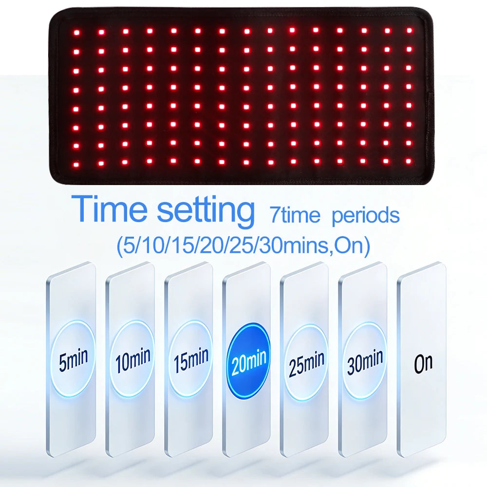 Red light therapy waist belt with 120 LEDs, hot compress, and adjustable 7-period time setting for back pain relief.