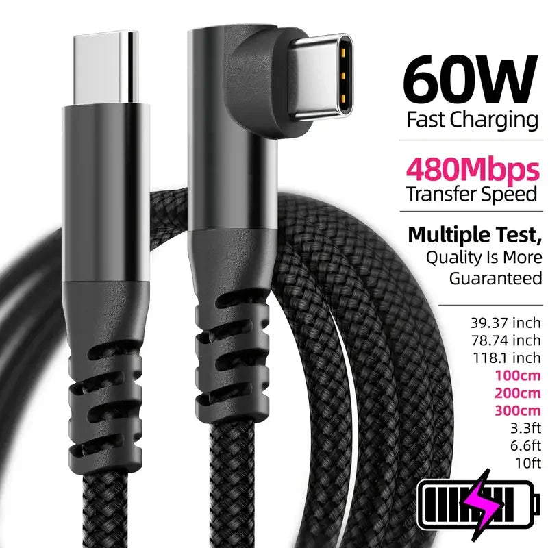 Black braided Tidesmit USB-C cable featuring a straight and 90-degree right-angle connector for 60W fast charging.