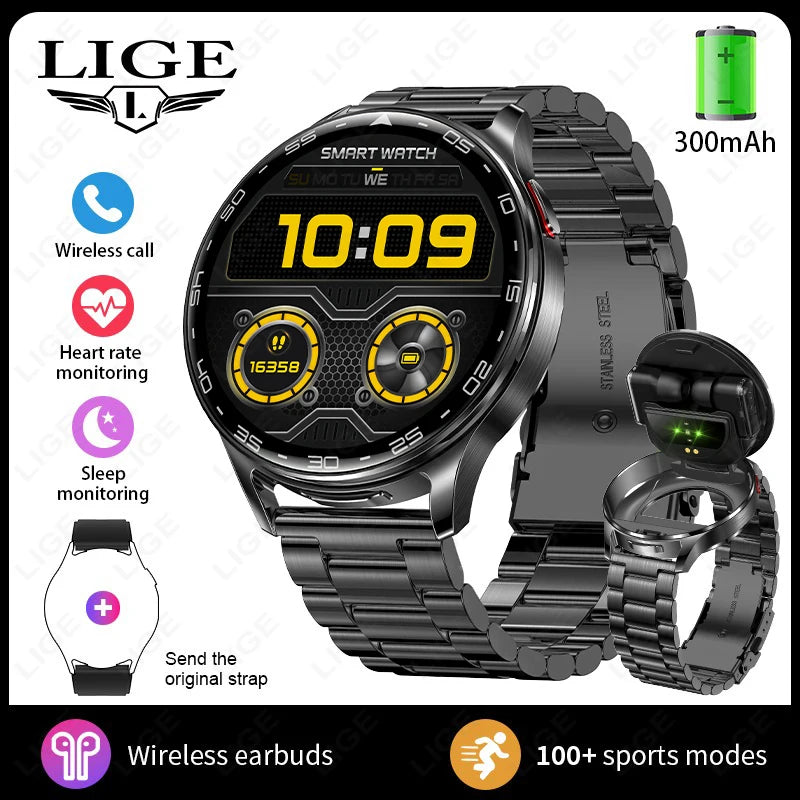 Black smartwatch with black metal bracelet and wireless earbuds in charging stand