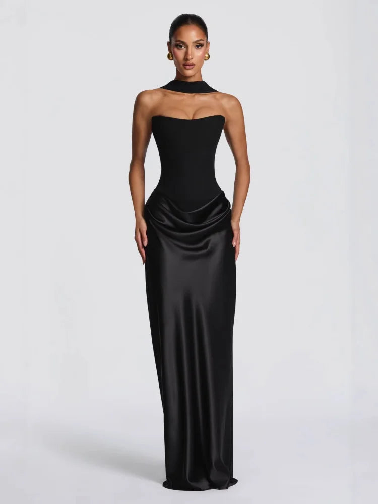 Strapless Satin Mermaid Maxi Dress Women Draped Waist Formal Party Evening Gown Y2K Sexy Elegant Clubwear